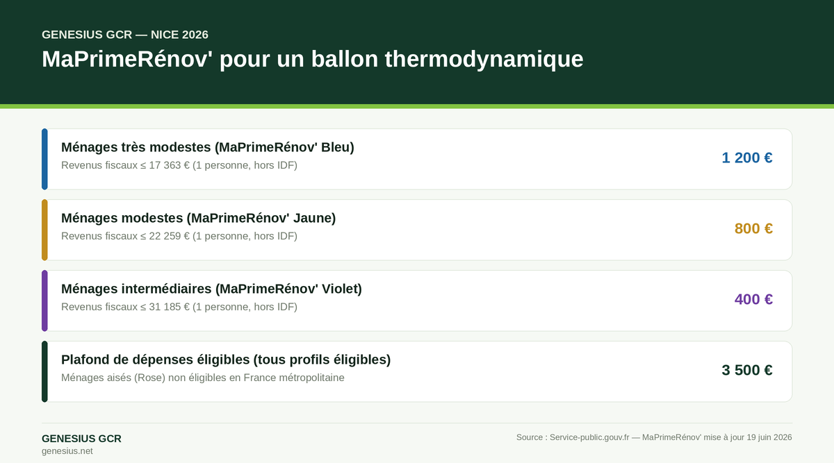 Tableau MaPrimeRénov' 2026 pour ballon thermodynamique — montants selon les revenus
