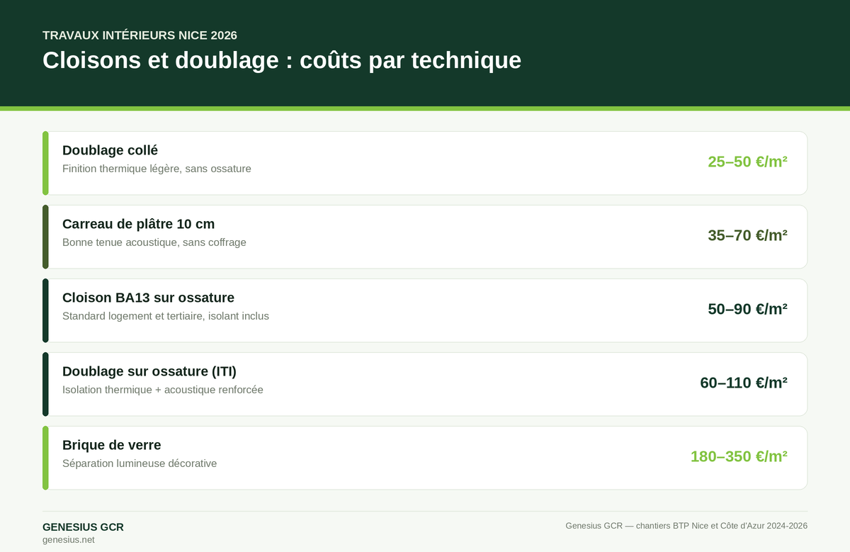 Infographie comparant le coût des cloisons et doublages intérieurs à Nice par technique en 2026 — Genesius GCR