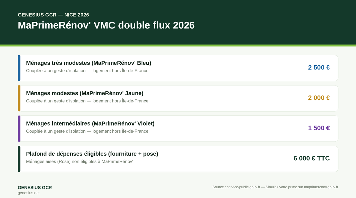 Barèmes MaPrimeRénov' 2026 pour VMC double flux — montants selon les revenus du foyer