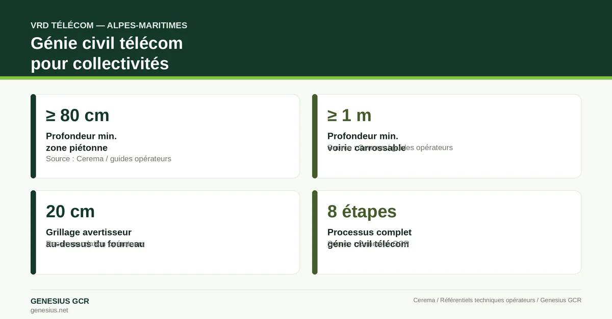 Infographie génie civil télécom : profondeurs d'enfouissement et étapes — Alpes-Maritimes