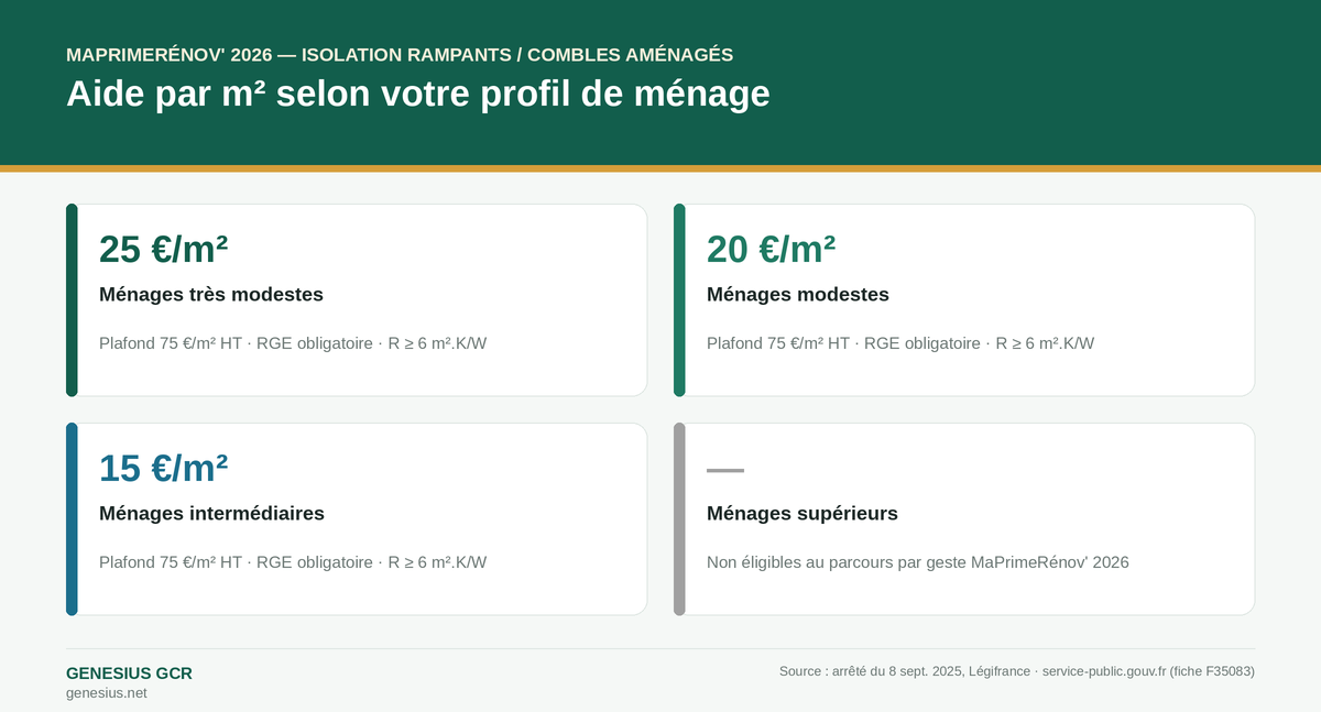 Infographie MaPrimeRénov' 2026 pour isolation des rampants de toiture : montants par profil de ménage (25, 20, 15 €/m²). Source : service-public.gouv.fr.