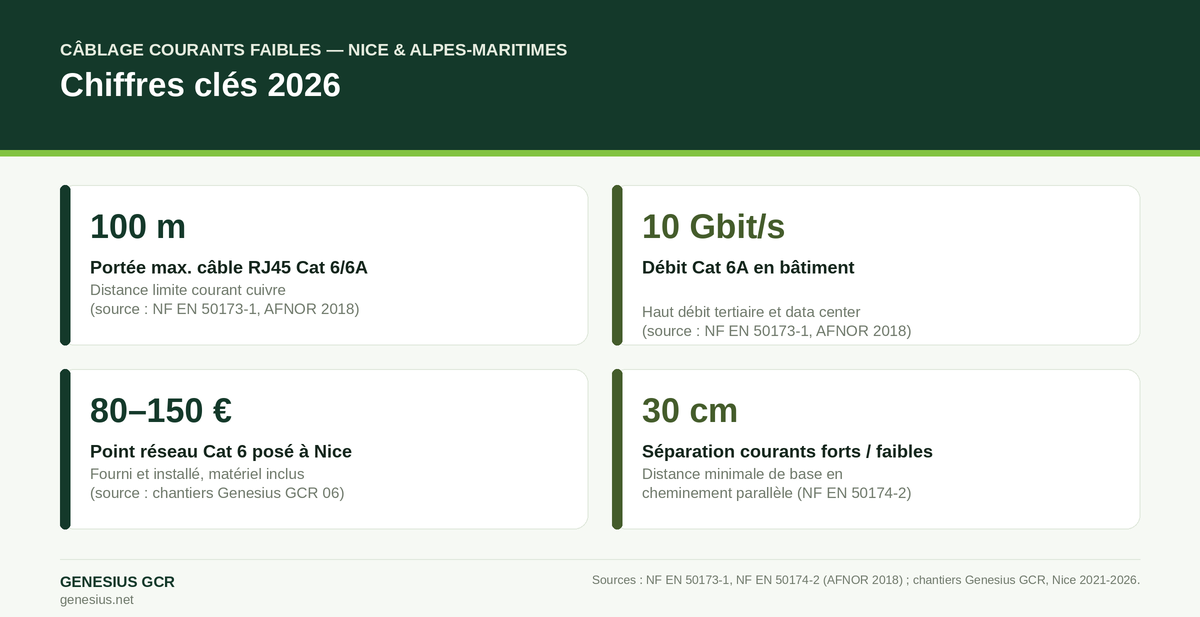 Infographie courants faibles Nice 2026 : 100 m portée Cat 6, 10 Gbit/s Cat 6A, 80-150 € point réseau, 30 cm séparation courants forts faibles