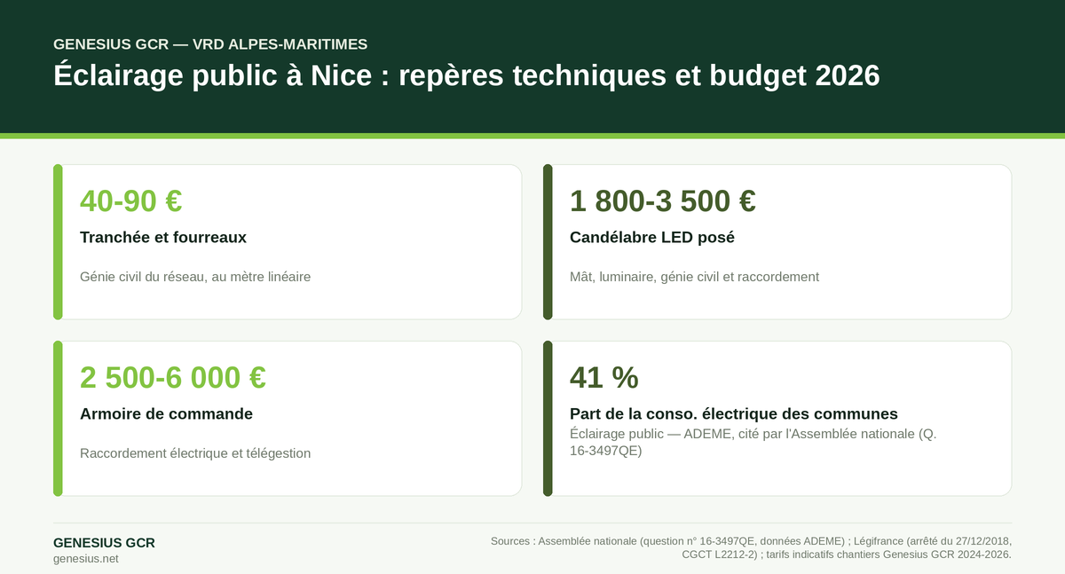 Infographie : repères techniques et budget de l'éclairage public à Nice en 2026 — Genesius GCR