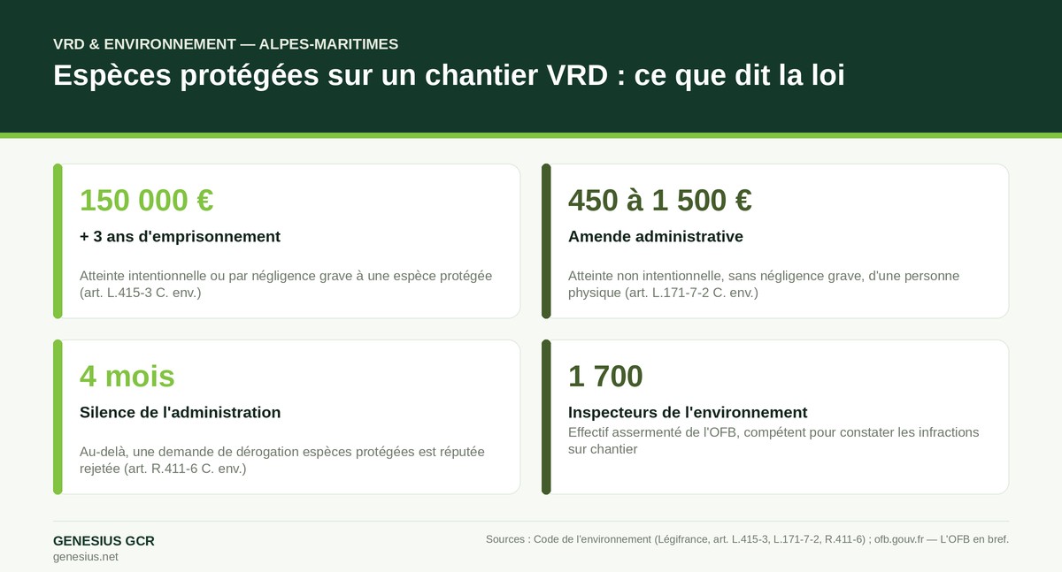 Infographie : sanctions et obligations légales pour un chantier VRD au regard des espèces protégées - 150 000 euros et 3 ans d'emprisonnement pour atteinte intentionnelle, 450 à 1500 euros d'amende administrative pour atteinte non intentionnelle, 4 mois de silence de l'administration valant rejet d'une dérogation, 1700 inspecteurs de l'environnement à l'OFB
