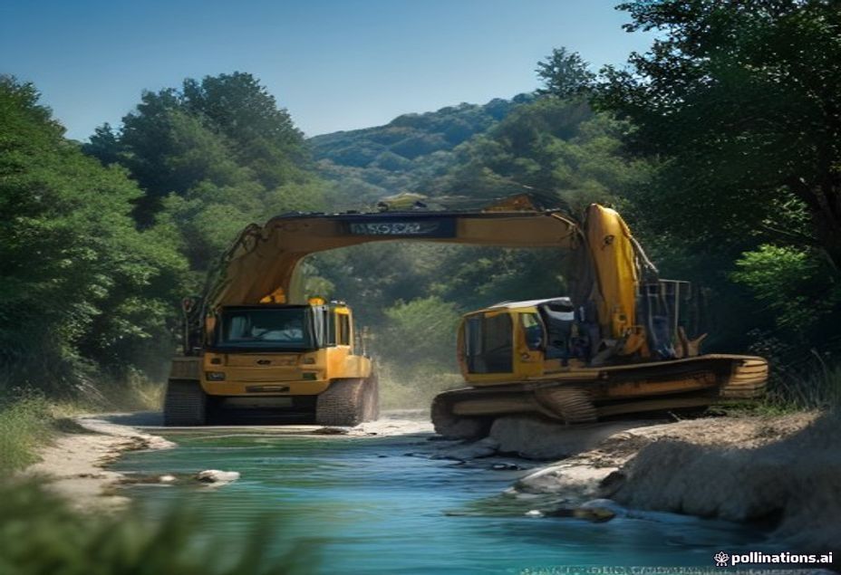 Pelles mécaniques travaillant avec précaution en bordure d'un cours d'eau naturel près de Nice, chantier VRD en zone sensible