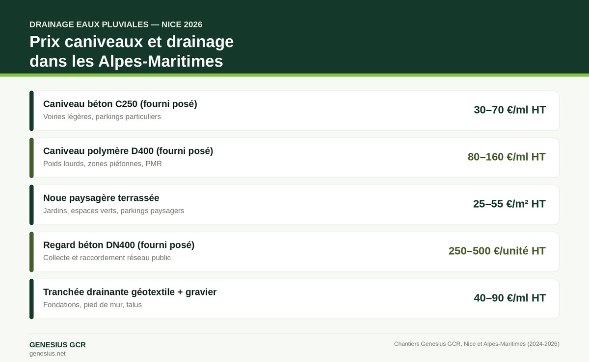 Infographie prix drainage eaux pluviales Nice Alpes-Maritimes 2026 — Genesius GCR
