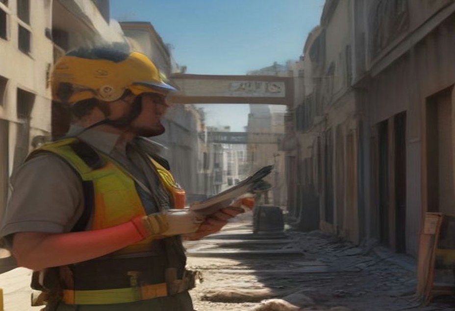 Ouvrier BTP consultant le plan des réseaux enterrés avant terrassement sur un chantier à Nice