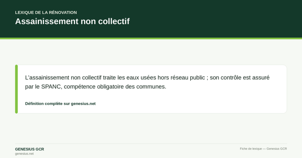 Assainissement non collectif — L’assainissement non collectif traite les eaux usées hors réseau public ; son contrôle est assuré par le SPANC, compétence obligatoire des communes.