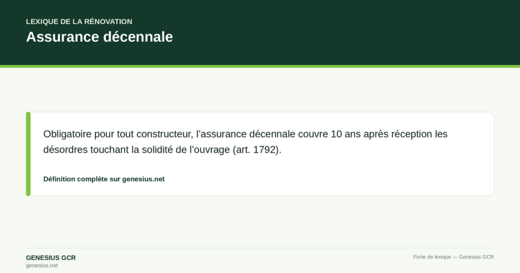 Assurance décennale — Obligatoire pour tout constructeur, l’assurance décennale couvre 10 ans après réception les désordres touchant la solidité de l’ouvrage (art. 1792).