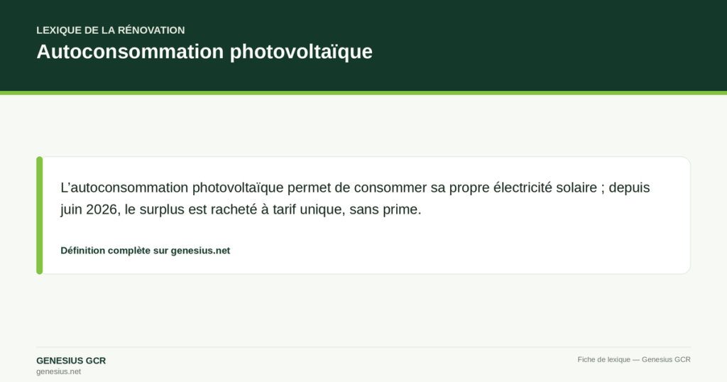 Autoconsommation photovoltaïque — L’autoconsommation photovoltaïque permet de consommer sa propre électricité solaire ; depuis juin 2026, le surplus est racheté à tarif unique, sans prime.