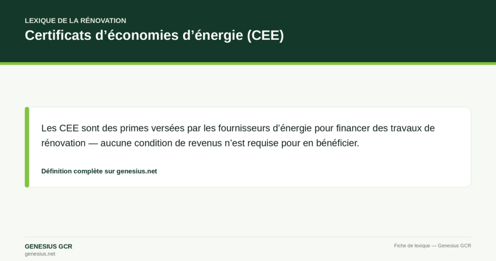 Certificats d’économies d’énergie (CEE) — Les CEE sont des primes versées par les fournisseurs d’énergie pour financer des travaux de rénovation — aucune condition de revenus n’est requise pour en bénéficier.