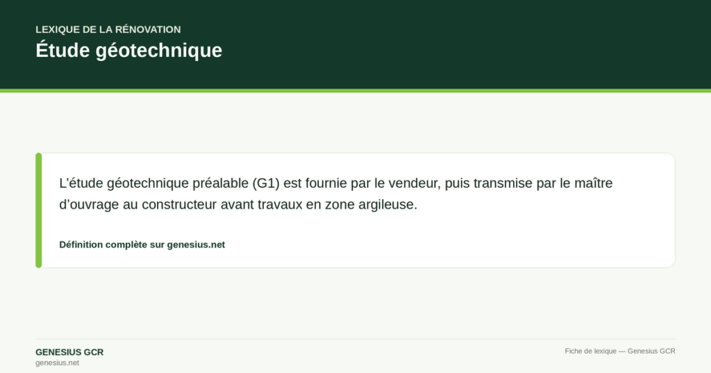 Étude géotechnique — L’étude géotechnique préalable (G1) est fournie par le vendeur, puis transmise par le maître d’ouvrage au constructeur avant travaux en zone argileuse.