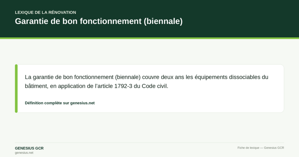 Garantie de bon fonctionnement (biennale) — La garantie de bon fonctionnement (biennale) couvre deux ans les équipements dissociables du bâtiment, en application de l’article 1792-3 du Code civil.
