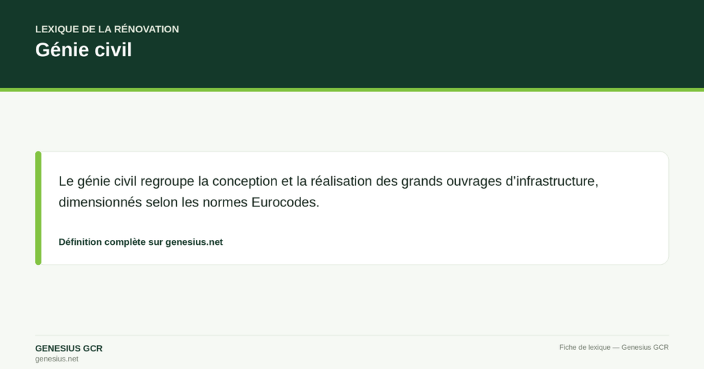 Génie civil — Le génie civil regroupe la conception et la réalisation des grands ouvrages d’infrastructure, dimensionnés selon les normes Eurocodes.