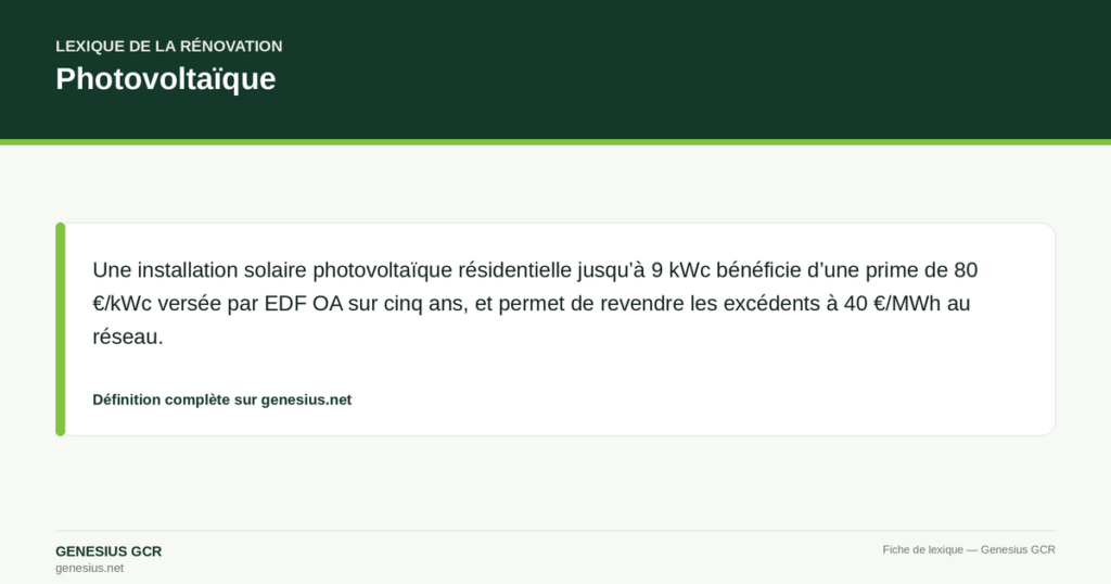 Photovoltaïque — Une installation solaire photovoltaïque résidentielle jusqu’à 9 kWc bénéficie d’une prime de 80 €/kWc versée par EDF OA sur cinq ans, et permet de revendre les excédents à 40 €/MWh au réseau.