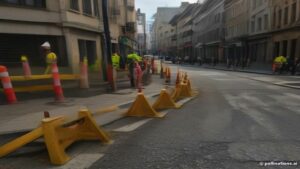 Chantier de tranchée VRD avec barrières de sécurité pour raccordement de réseau enterré à Nice